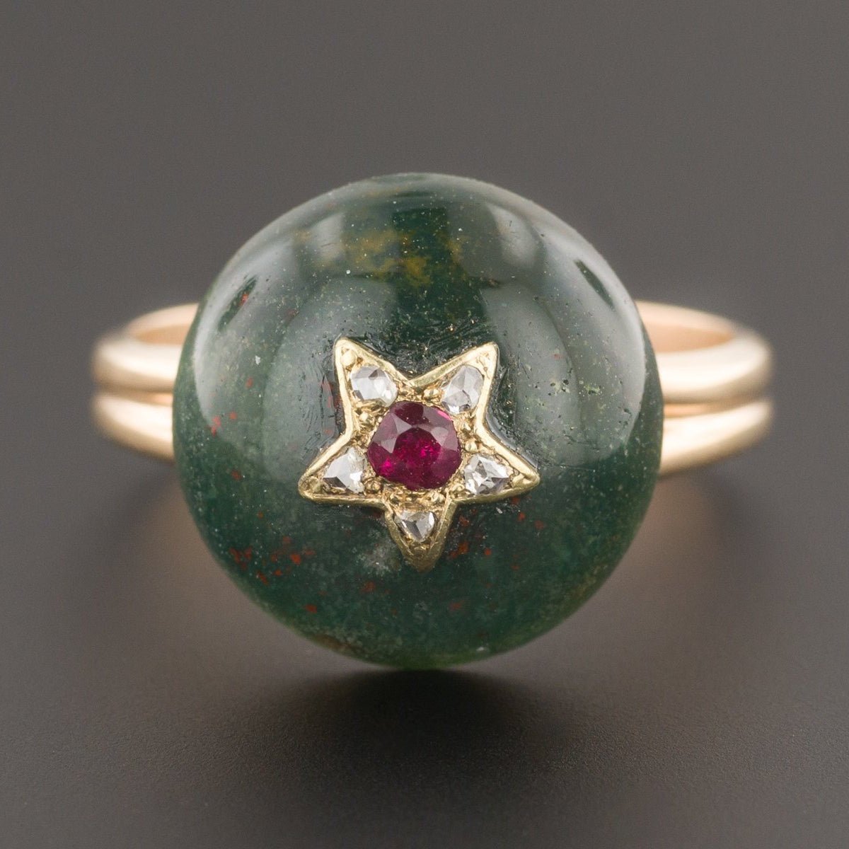 Bloodstone Ring | 14k Gold Bloodstone Ring with Ruby Star &amp; Diamonds - Trademark Antiques
