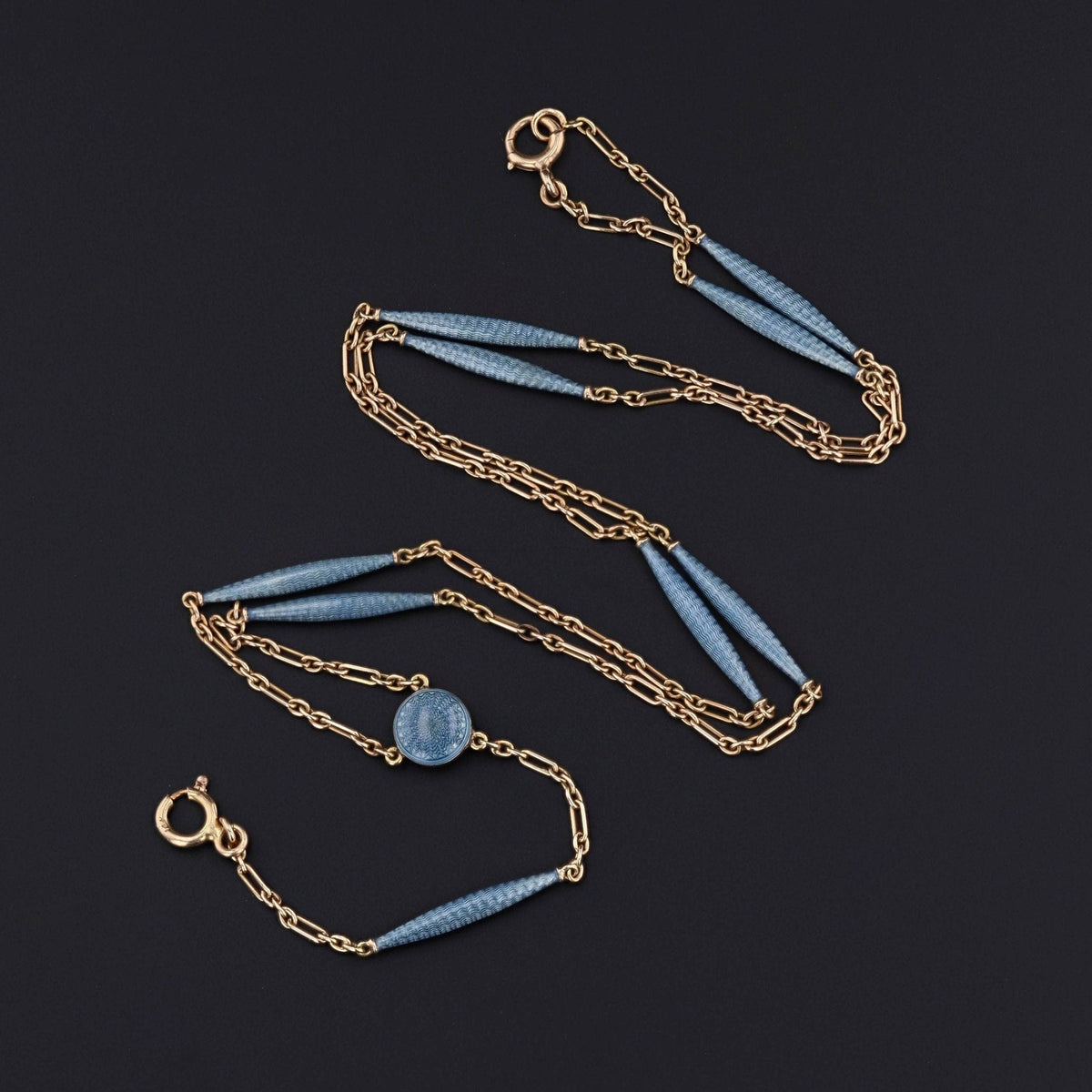 Blue Enamel Chain | 14k Gold &amp; Guilloche Enamel Chain - Trademark Antiques