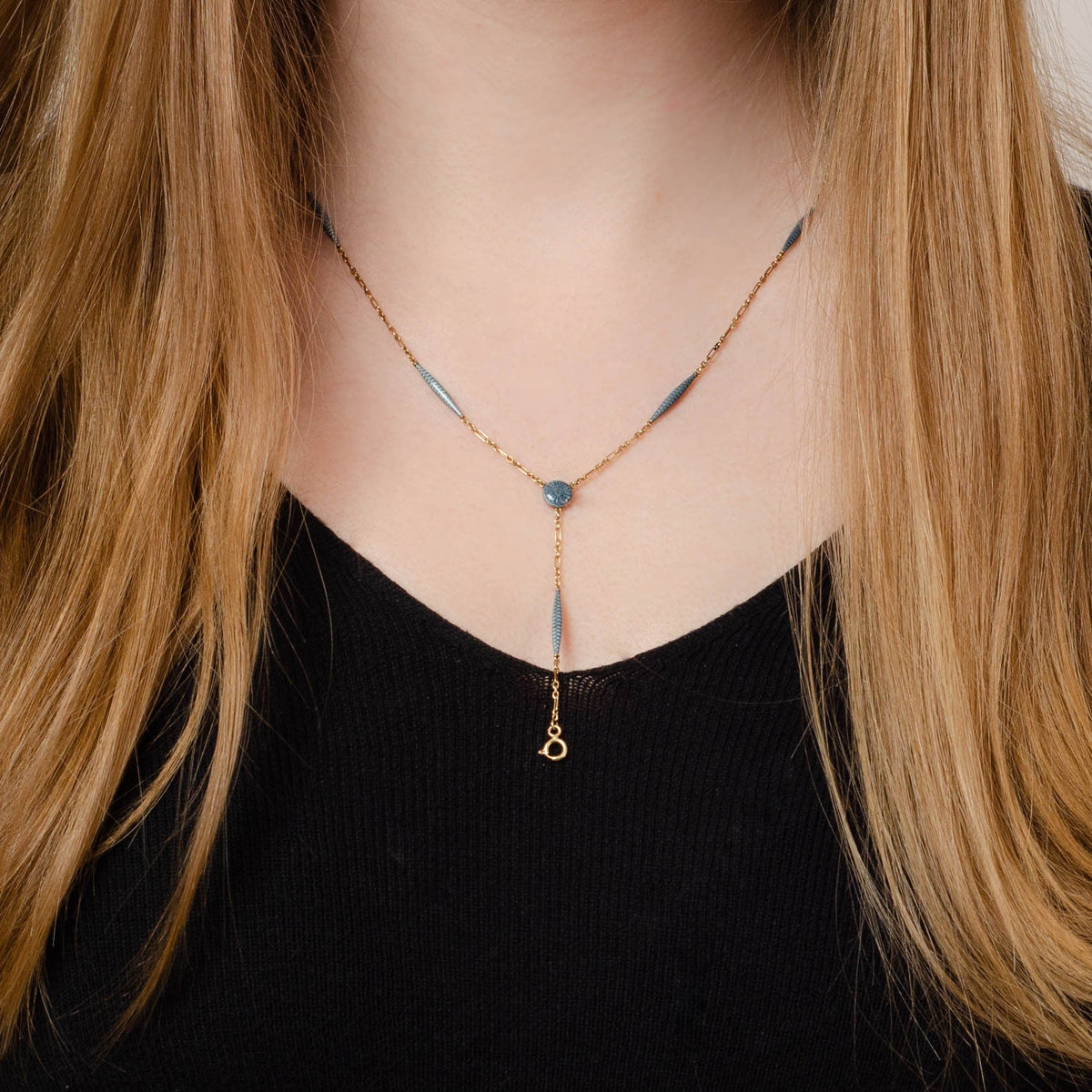 Blue Enamel Chain | 14k Gold &amp; Guilloche Enamel Chain - Trademark Antiques