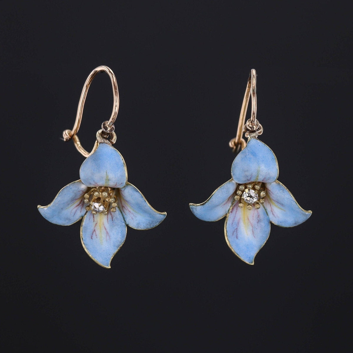 Blue Enamel Flower Earrings | 14k Gold, Diamond &amp; Enamel - Trademark Antiques