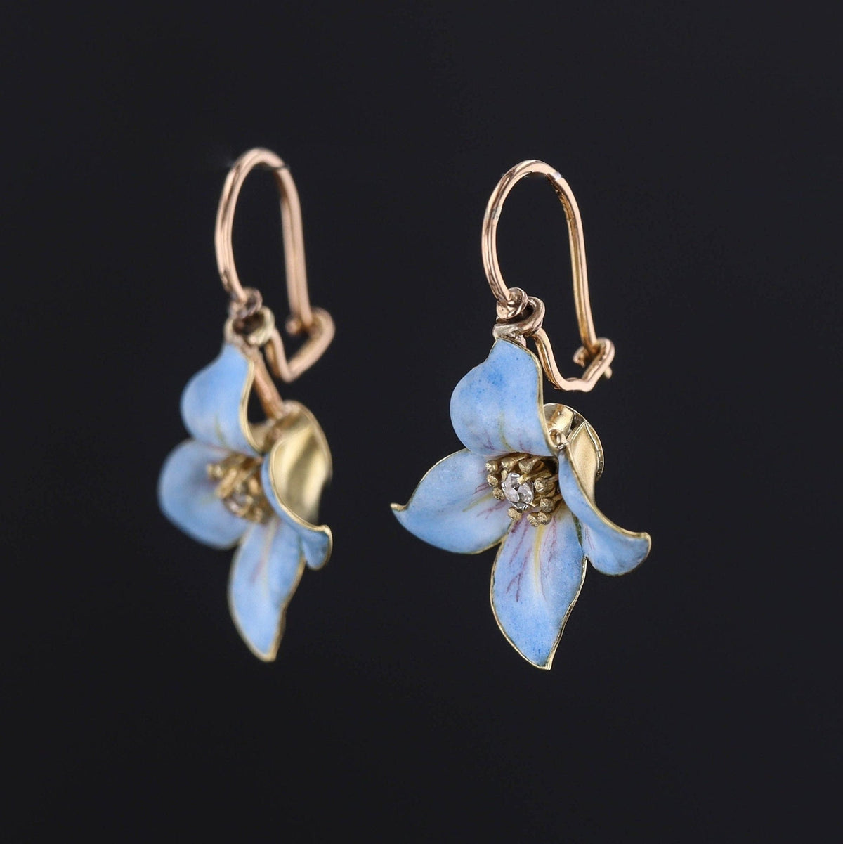 Blue Enamel Flower Earrings | 14k Gold, Diamond &amp; Enamel - Trademark Antiques