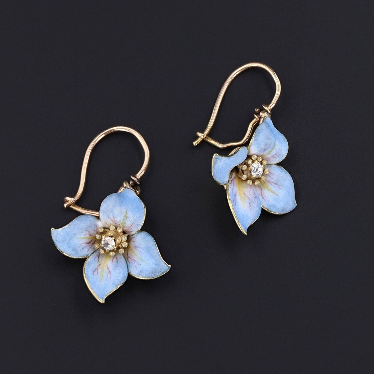 Blue Enamel Flower Earrings | 14k Gold, Diamond &amp; Enamel - Trademark Antiques