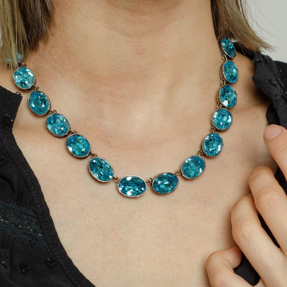 Blue Paste Riviere Necklace | Silver Riviere with 14k Gold Clasp - Trademark Antiques