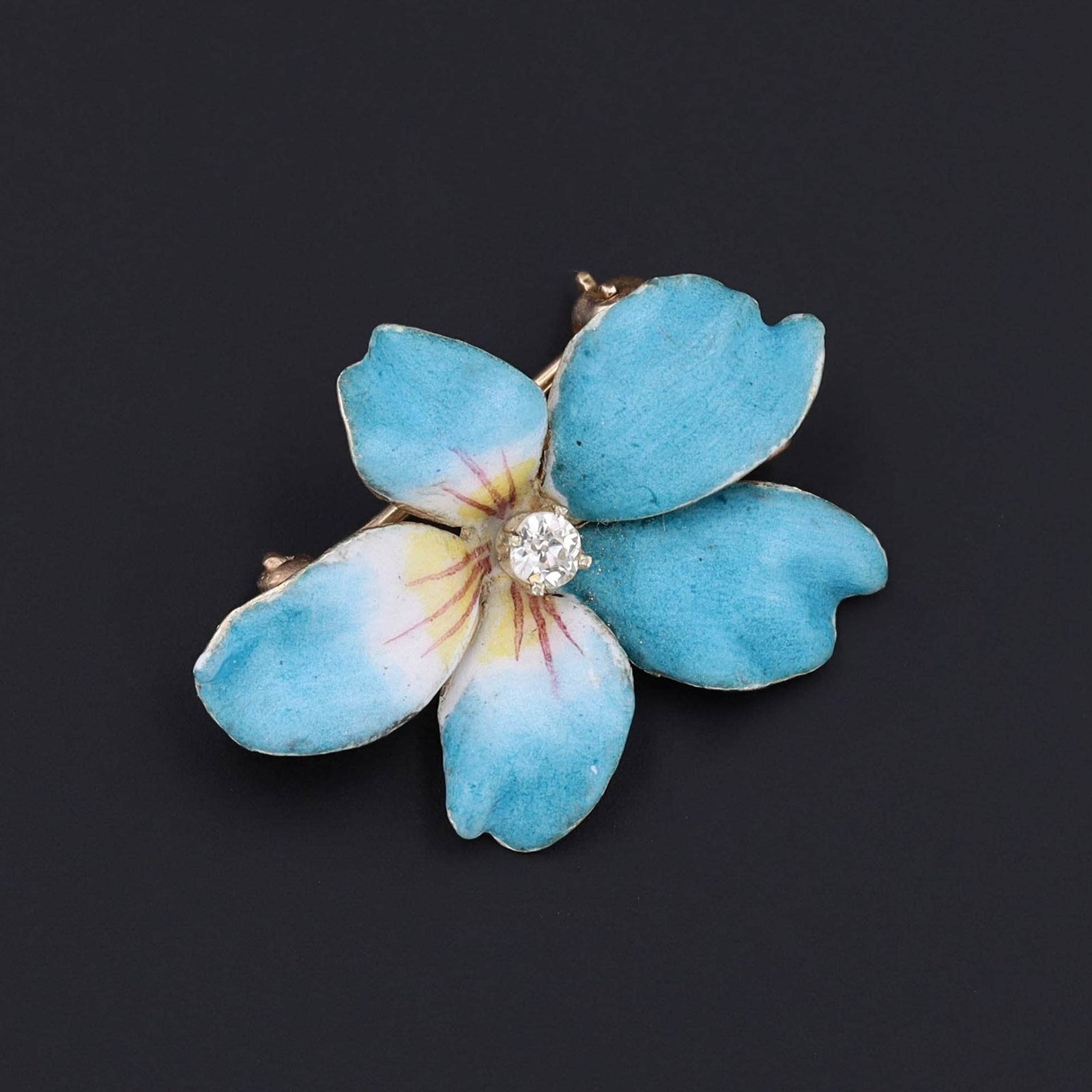 Blue Violet Pendant or Brooch | 14k Gold Enamel & Diamond Flower Brooch - Trademark Antiques