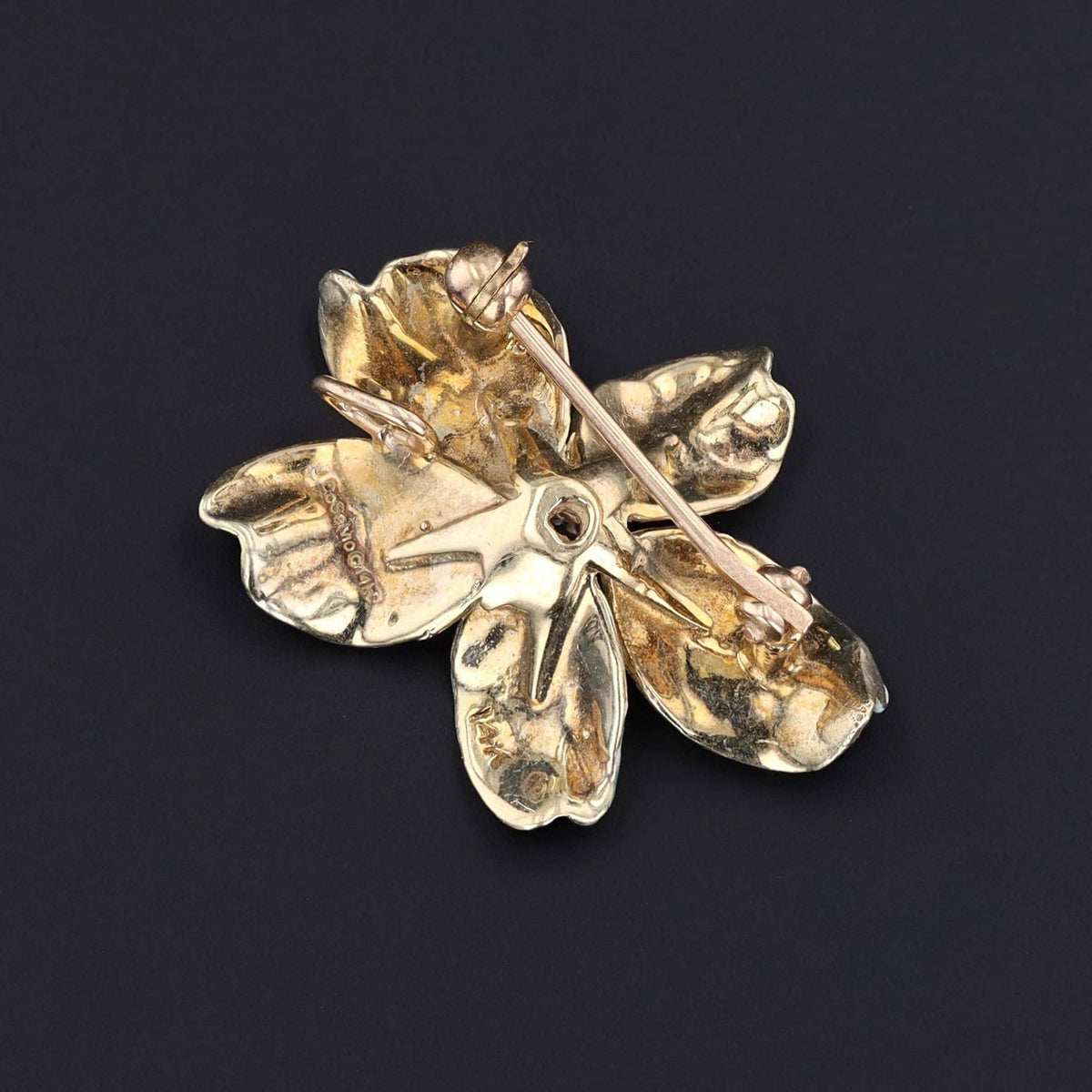 Blue Violet Pendant or Brooch | 14k Gold Enamel &amp; Diamond Flower Brooch - Trademark Antiques