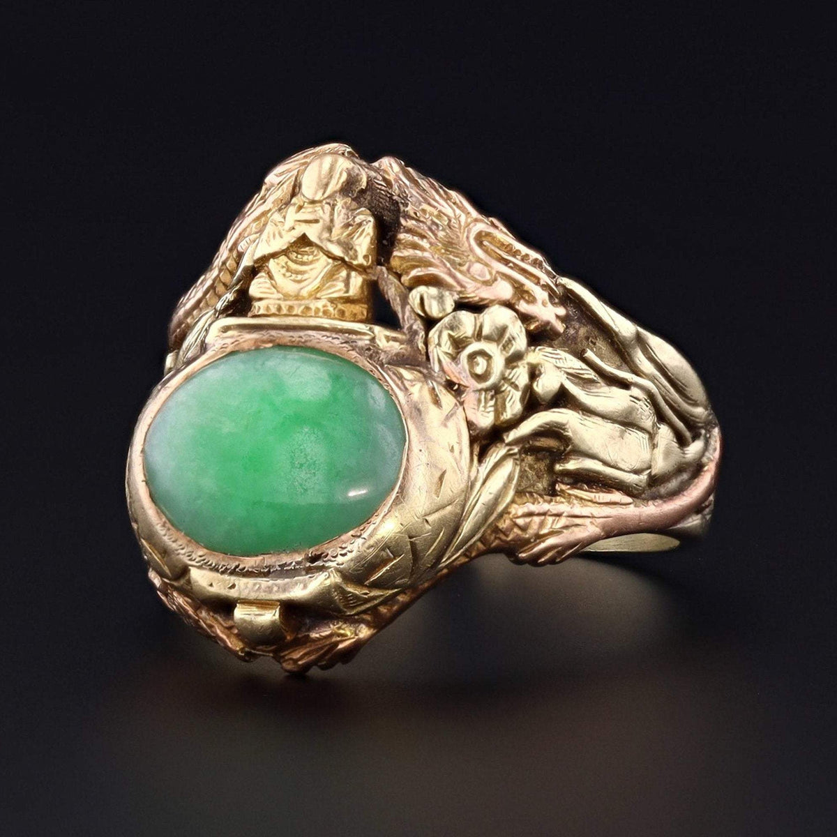 Buddha Ring | 14k Gold &amp; Jade Ring - Trademark Antiques