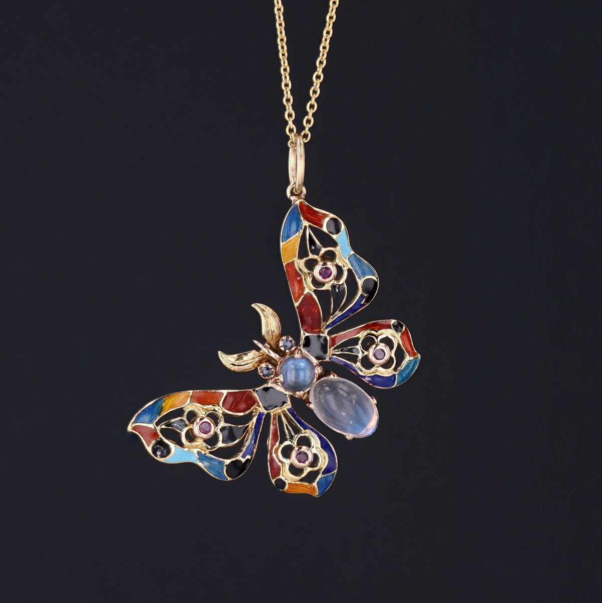 Butterfly Pendant | Enamel Moonstone Sapphire &amp; Ruby Butterfly Pendant - Trademark Antiques