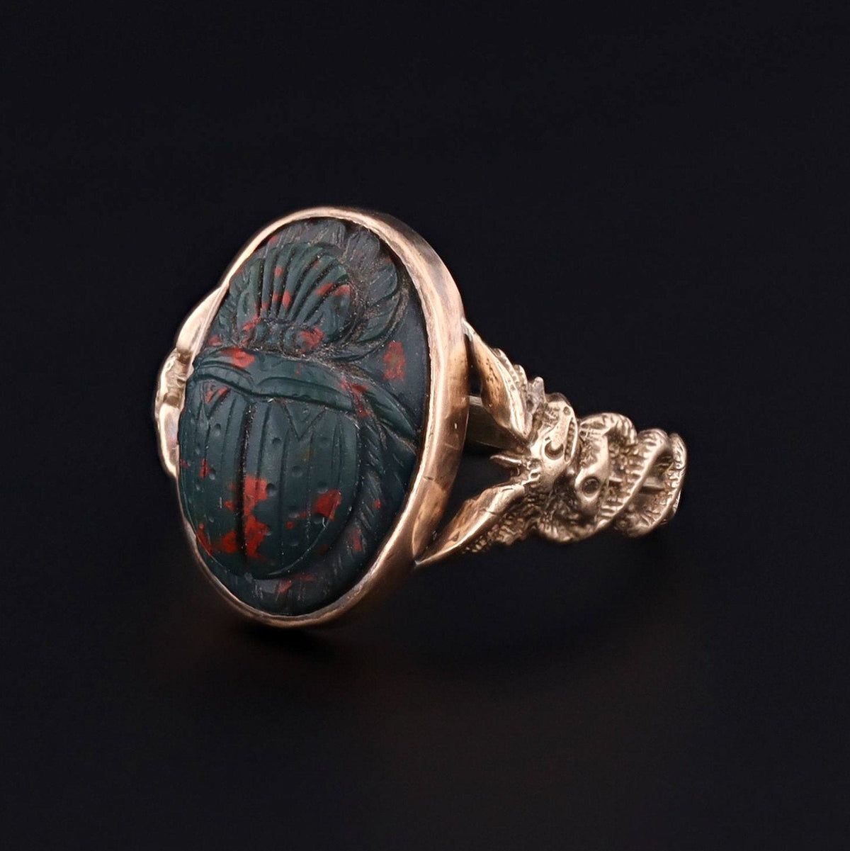 Caduceus Ring | 14k Gold Bloodstone Scarab Ring - Trademark Antiques