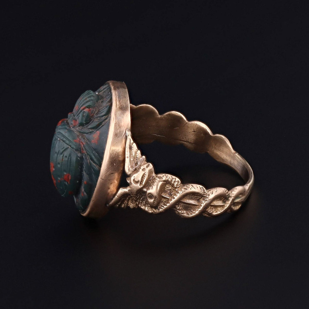 Caduceus Ring | 14k Gold Bloodstone Scarab Ring - Trademark Antiques