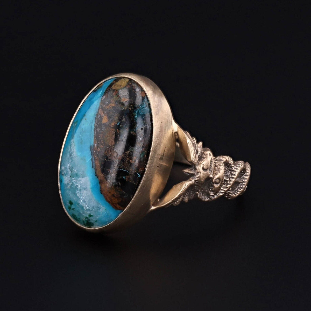 Caduceus Ring | 14k Gold Chrysocolla Ring - Trademark Antiques