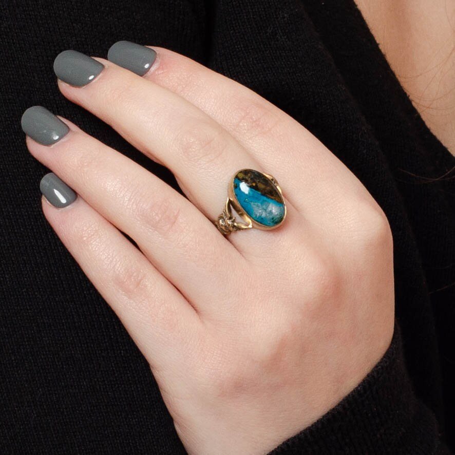 Caduceus Ring | 14k Gold Chrysocolla Ring - Trademark Antiques