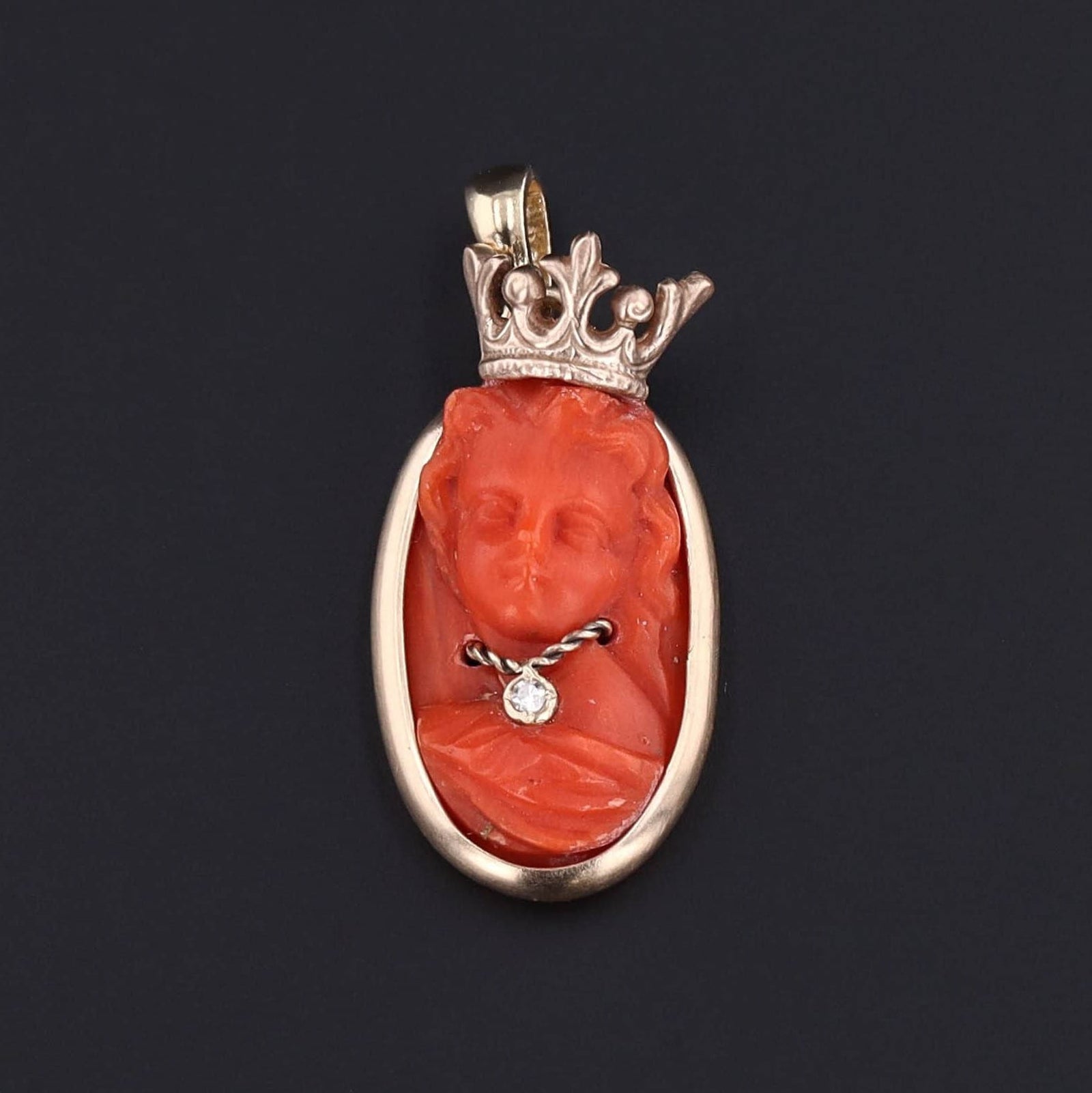 Cameo Charm | 14k Gold Coral & Diamond Queen Pendant - Trademark Antiques