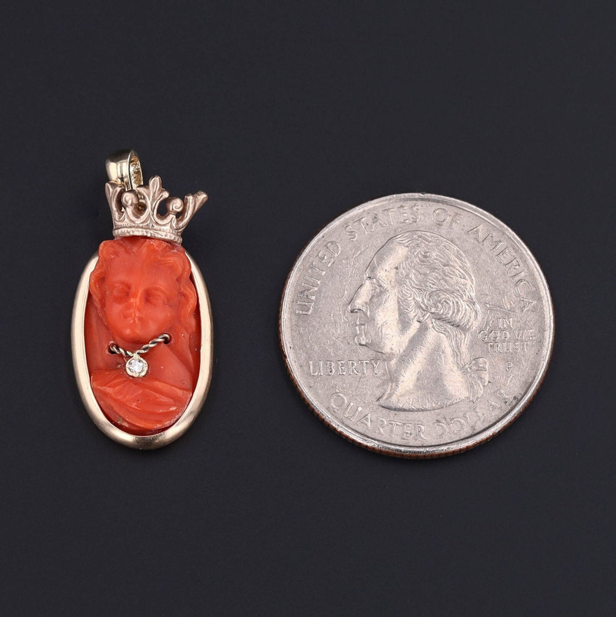 Cameo Charm | 14k Gold Coral &amp; Diamond Queen Pendant - Trademark Antiques