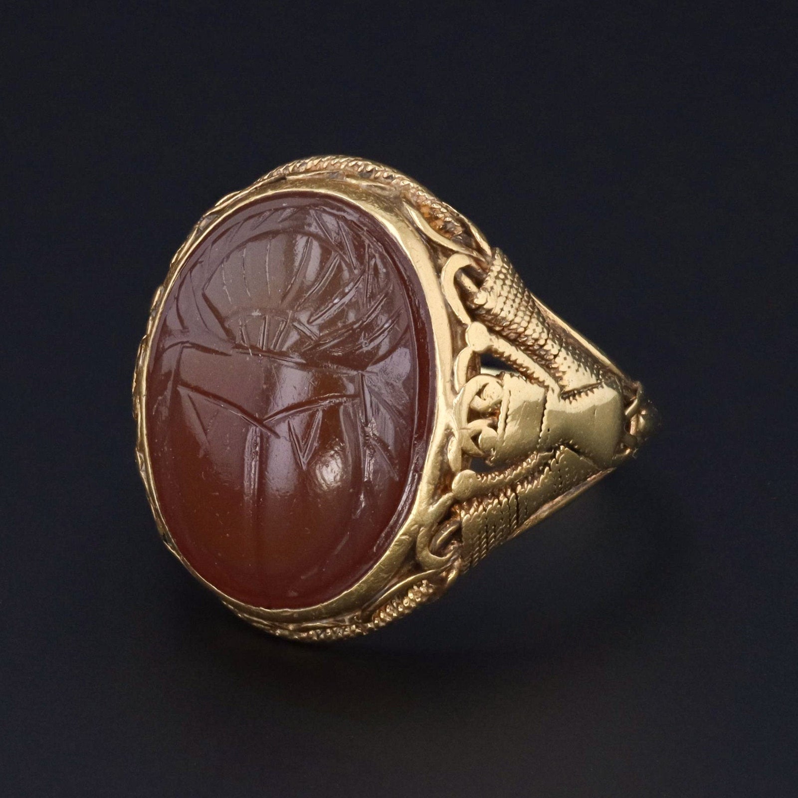 Carnelian Scarab Ring | Vintage Egyptian Revival Scarab Ring - Trademark Antiques