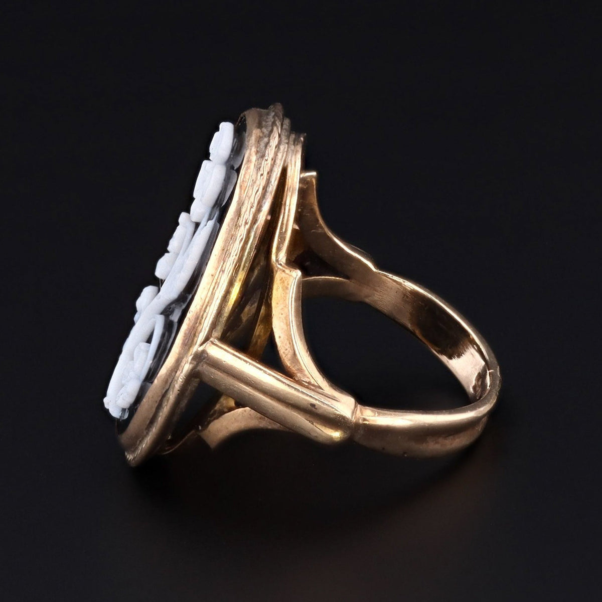 Carved Banded Agate Flower Ring | Antique Flower Cameo Ring - Trademark Antiques