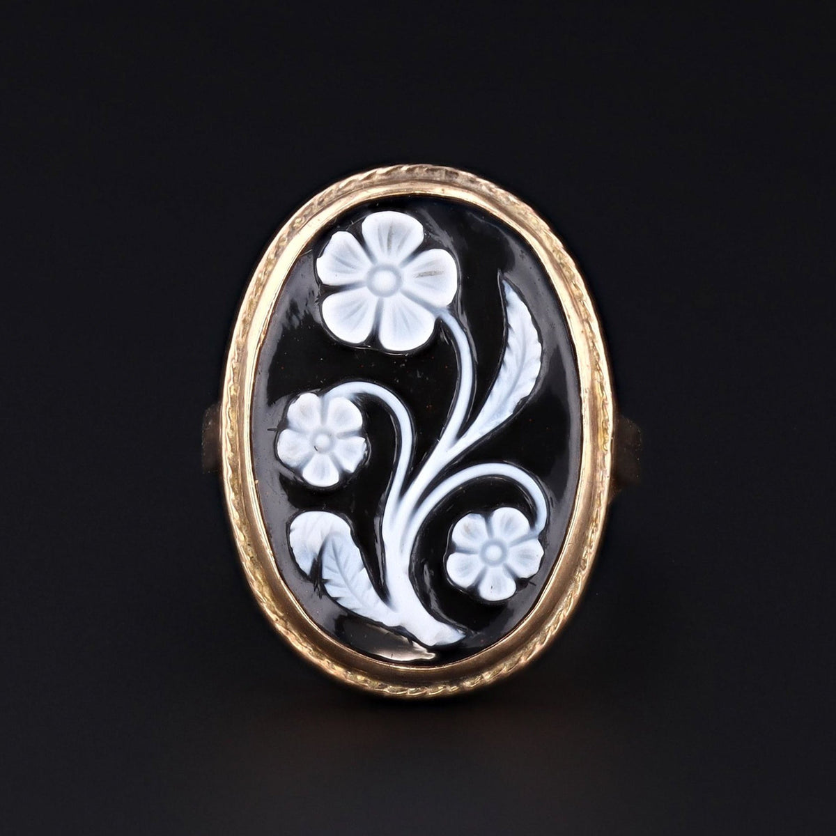 Carved Banded Agate Flower Ring | Antique Flower Cameo Ring - Trademark Antiques