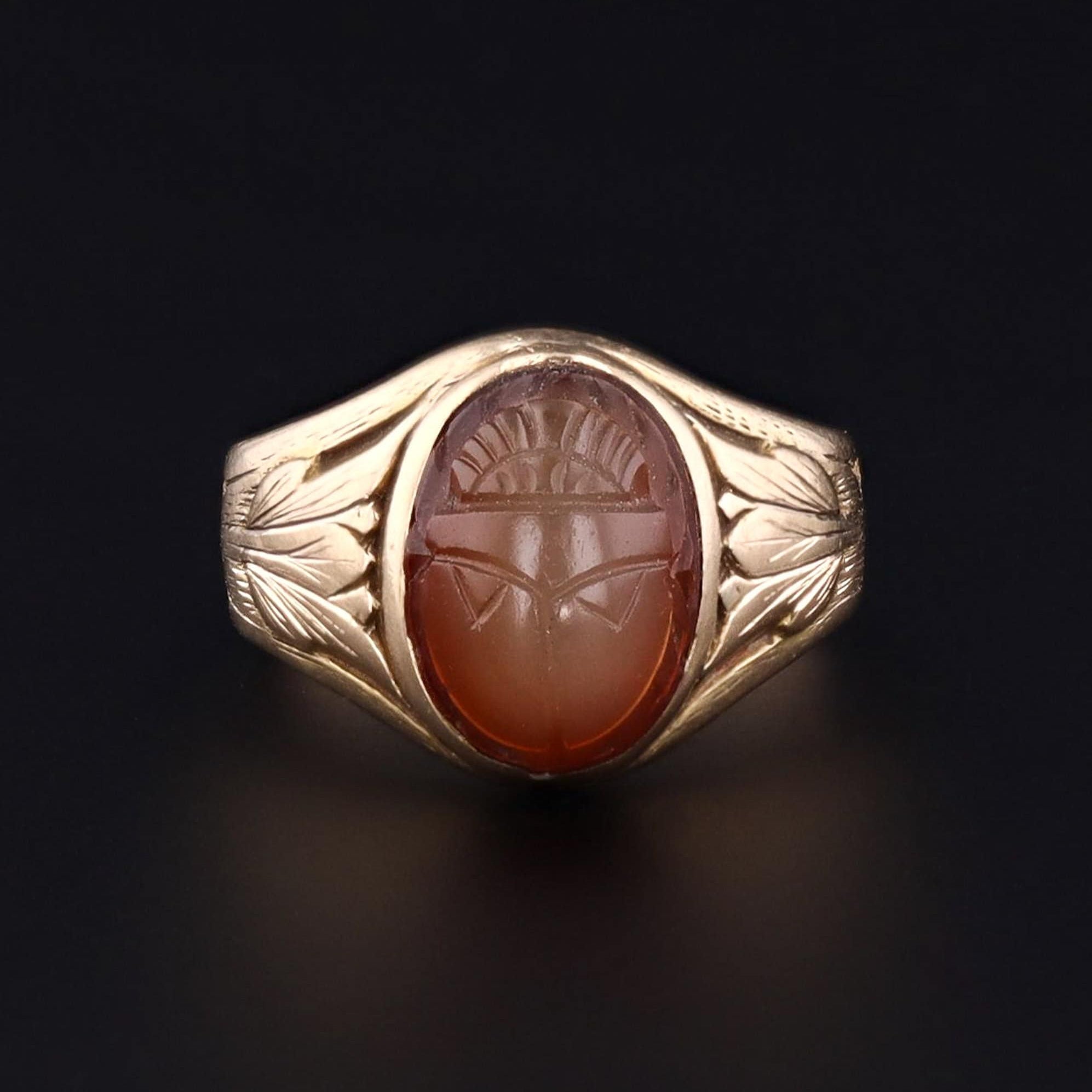Carved Carnelian Scarab Ring | Egyptian Revival Ring - Trademark Antiques