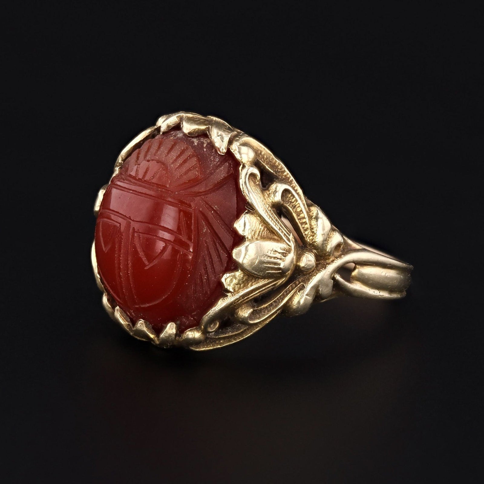 Carved Carnelian Scarab Ring | Egyptian Revival Ring - Trademark Antiques