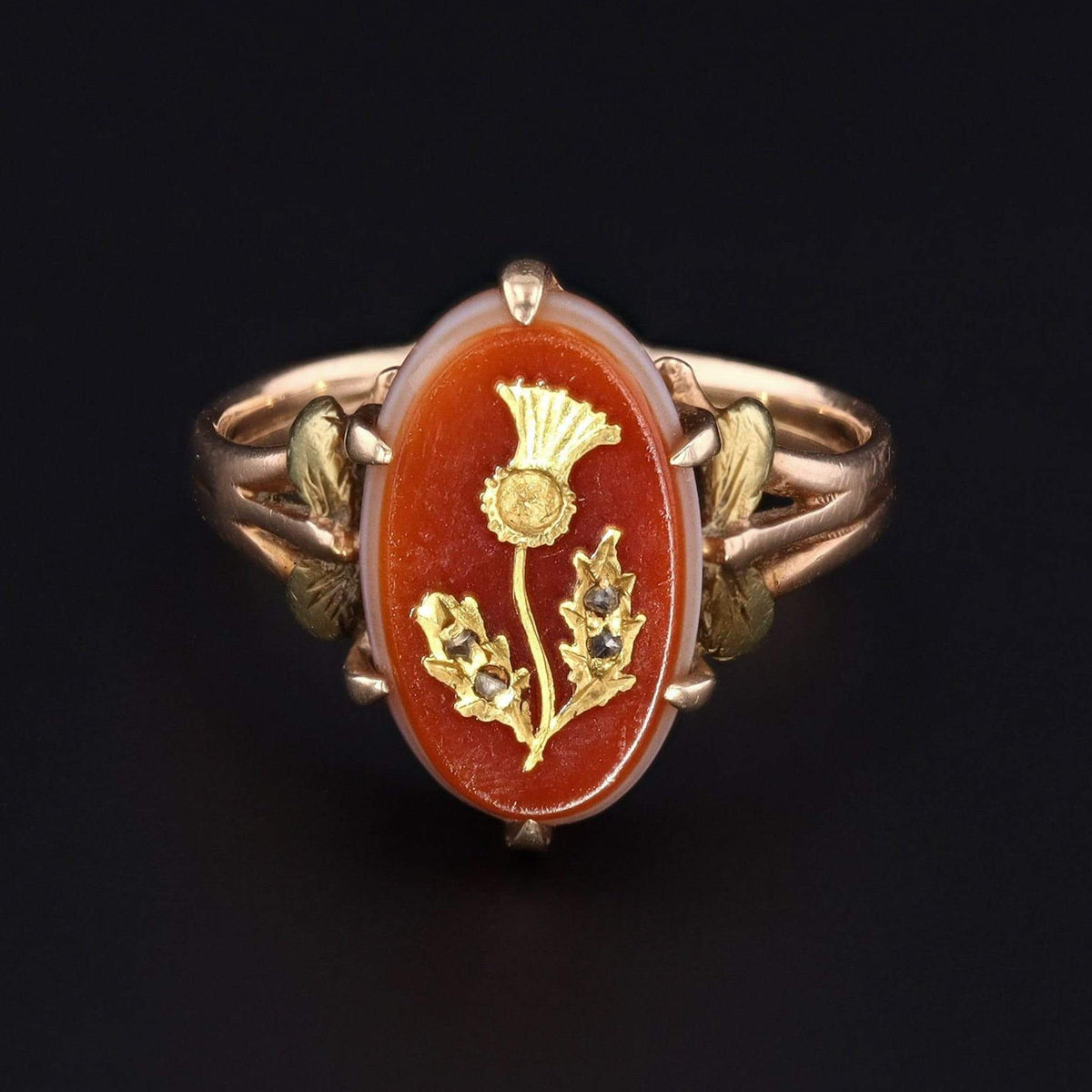 Carved Sardonyx Thistle Ring | Antique Flower Ring - Trademark Antiques