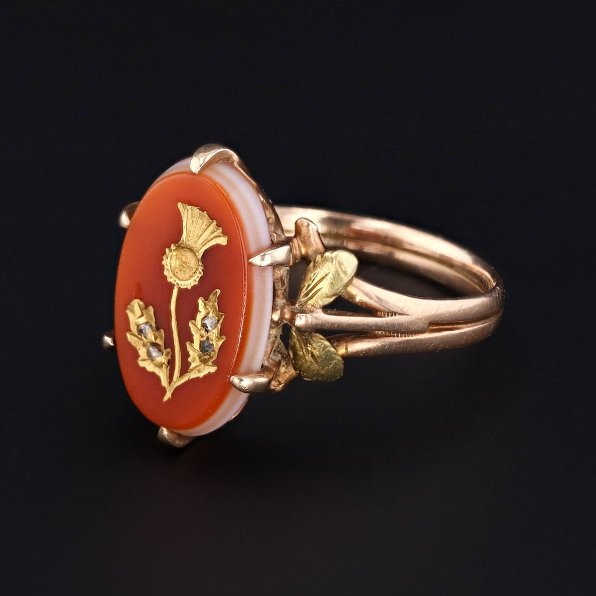 Carved Sardonyx Thistle Ring | Antique Flower Ring - Trademark Antiques