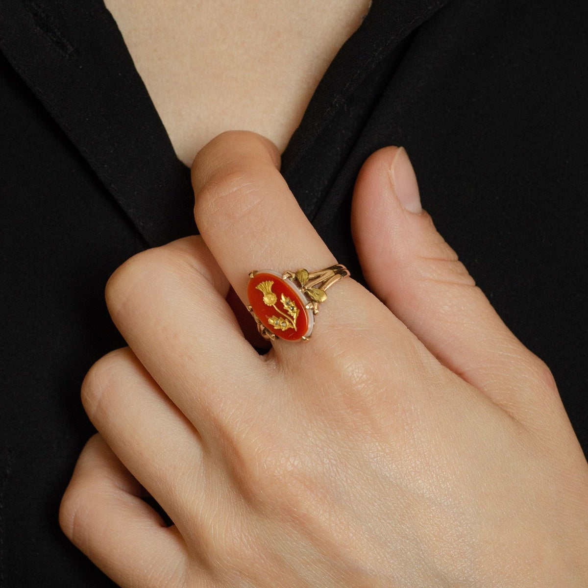 Carved Sardonyx Thistle Ring | Antique Flower Ring - Trademark Antiques