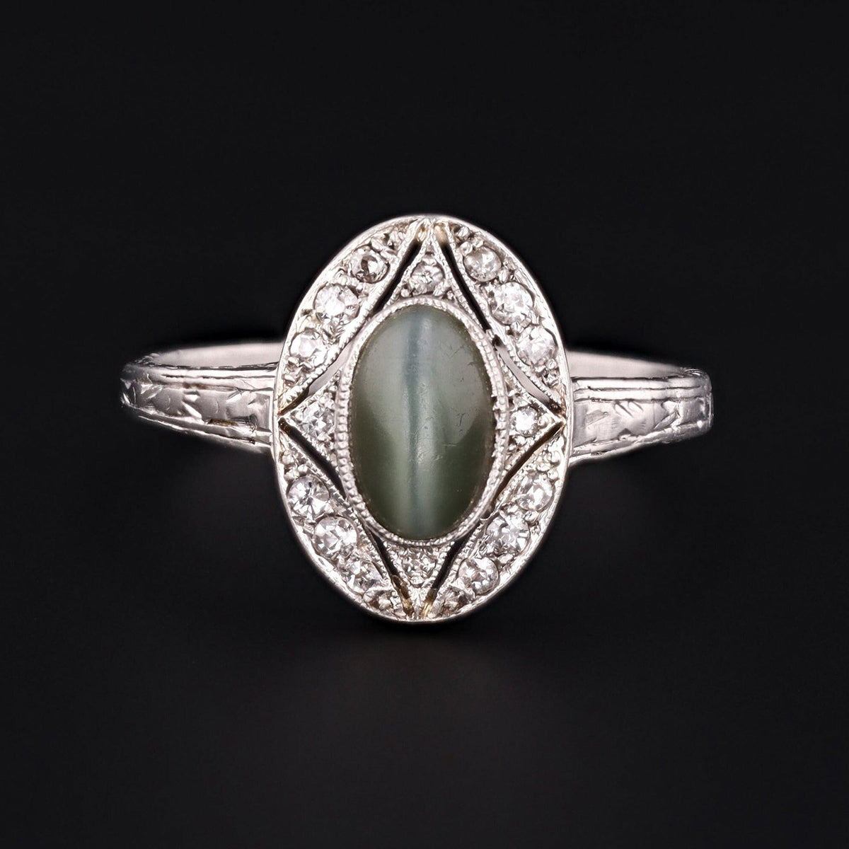 Cats Eye Quartz &amp; Diamond Ring | Platinum Ring - Trademark Antiques