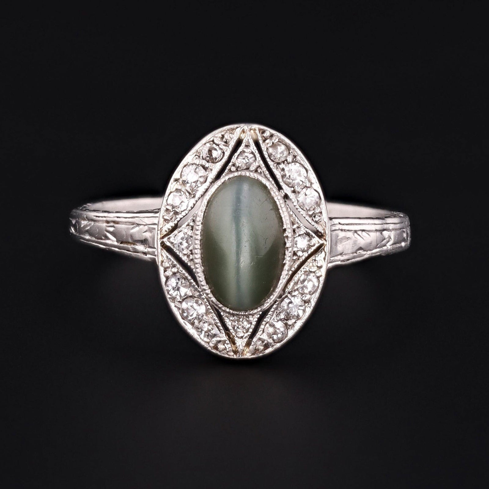 Cats Eye Quartz & Diamond Ring | Platinum Ring - Trademark Antiques