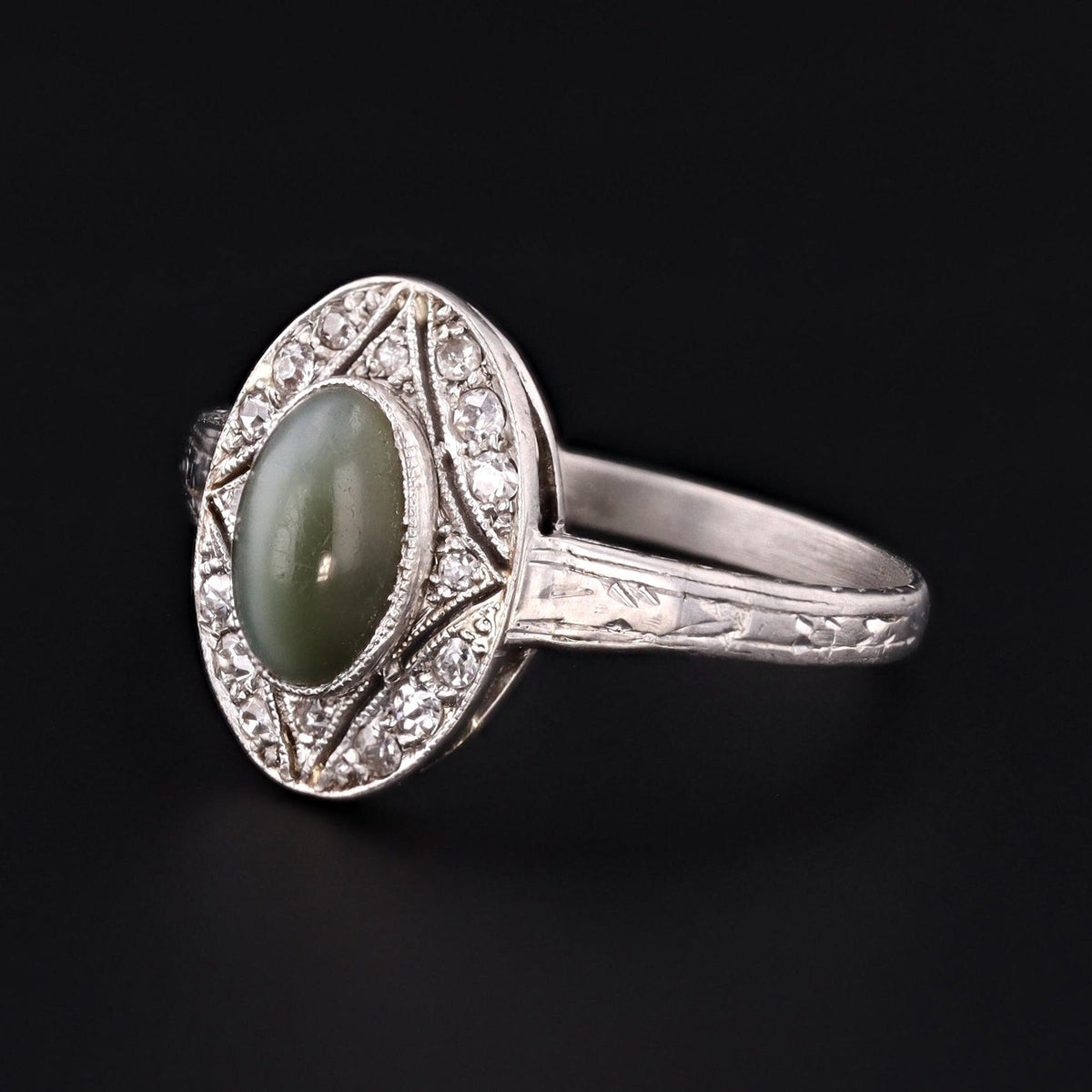 Cats Eye Quartz &amp; Diamond Ring | Platinum Ring - Trademark Antiques