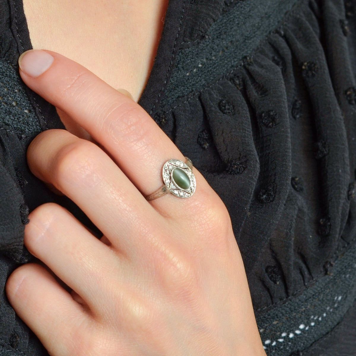 Cats Eye Quartz &amp; Diamond Ring | Platinum Ring - Trademark Antiques