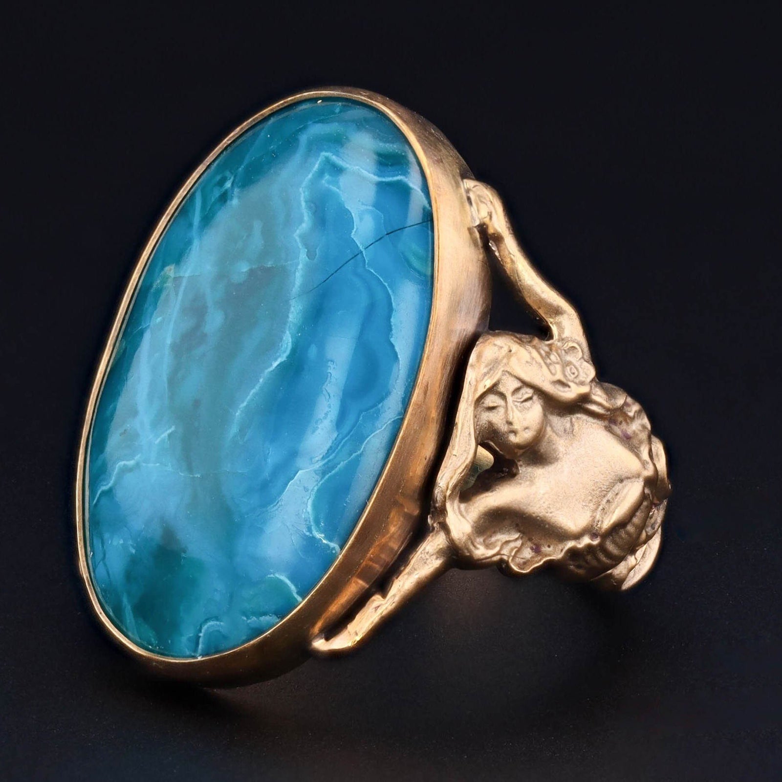 Chrysocolla Ring | 14k Gold Floral Woman Ring - Trademark Antiques