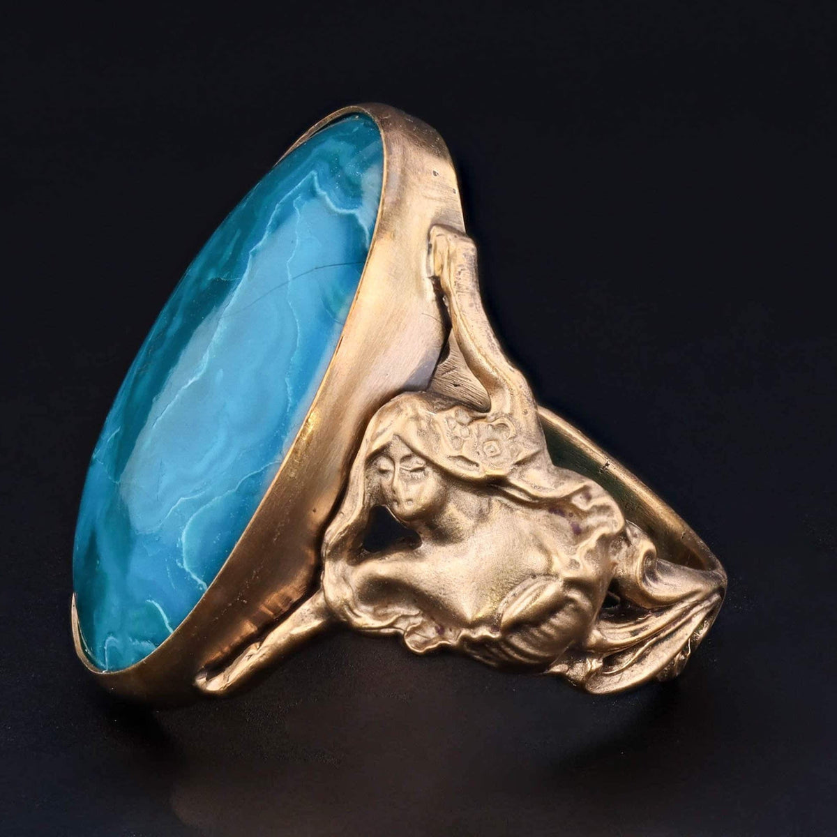 Chrysocolla Ring | 14k Gold Floral Woman Ring - Trademark Antiques