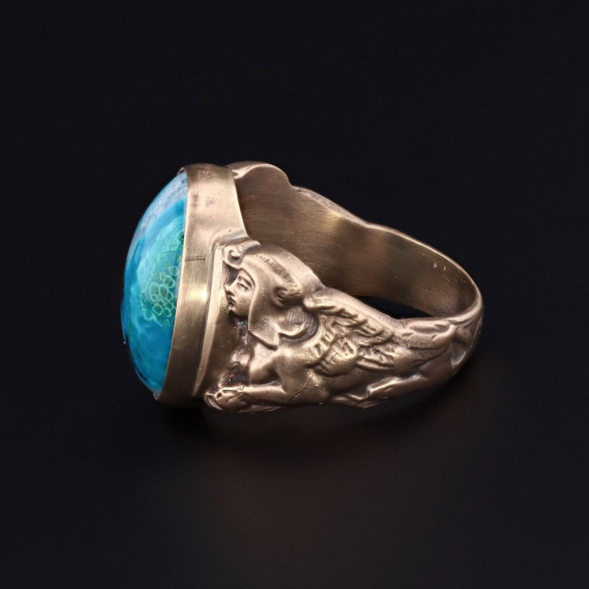 Chrysocolla Ring | 14k Gold Sphinx Ring - Trademark Antiques