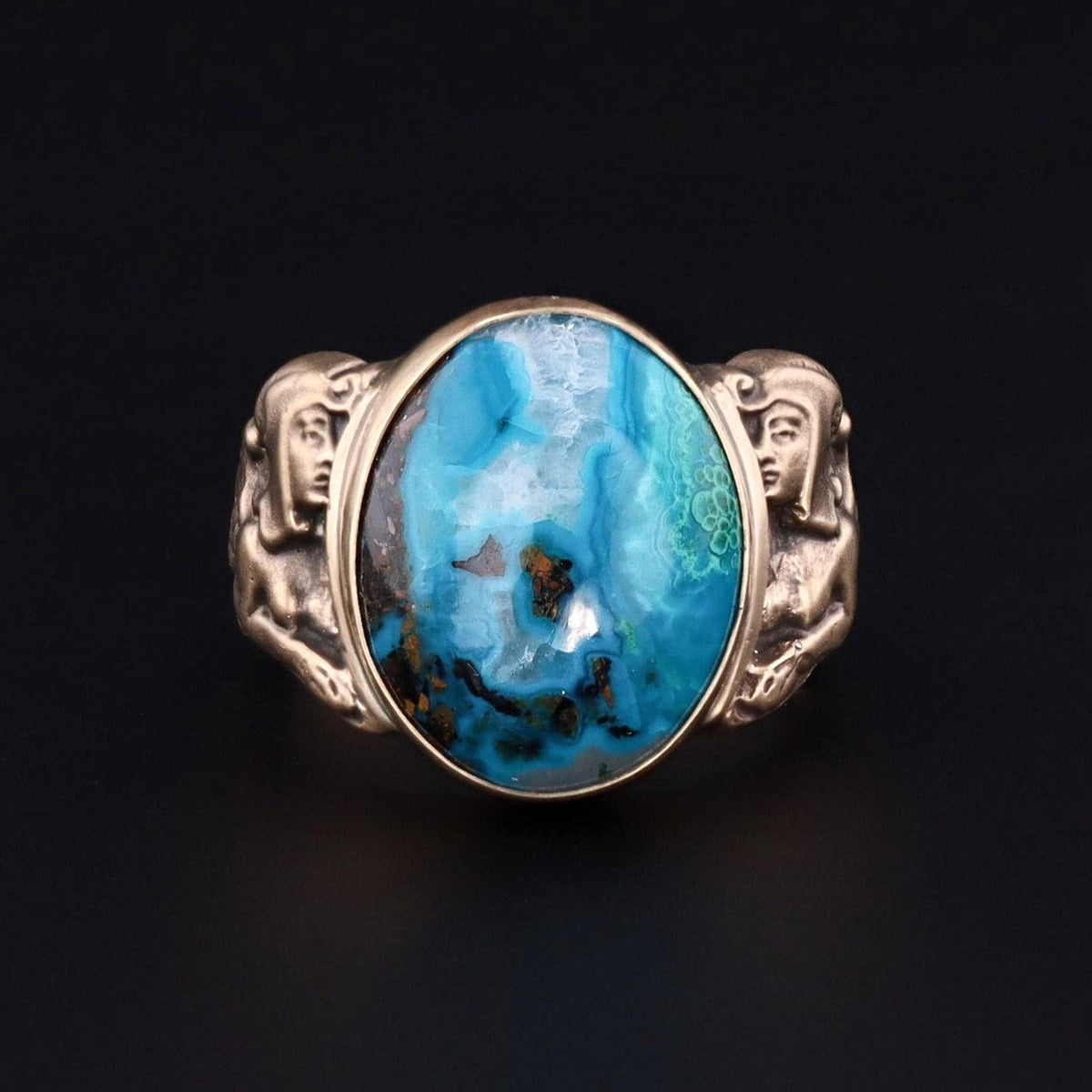 Chrysocolla Ring | 14k Gold Sphinx Ring - Trademark Antiques