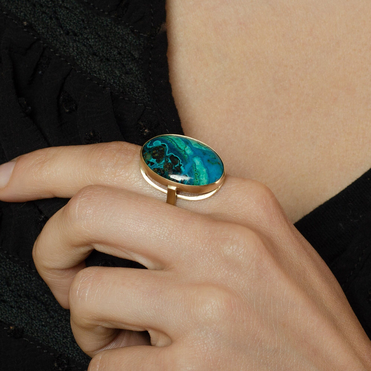Chrysocolla Statement Ring | 14K Gold Ring - Trademark Antiques