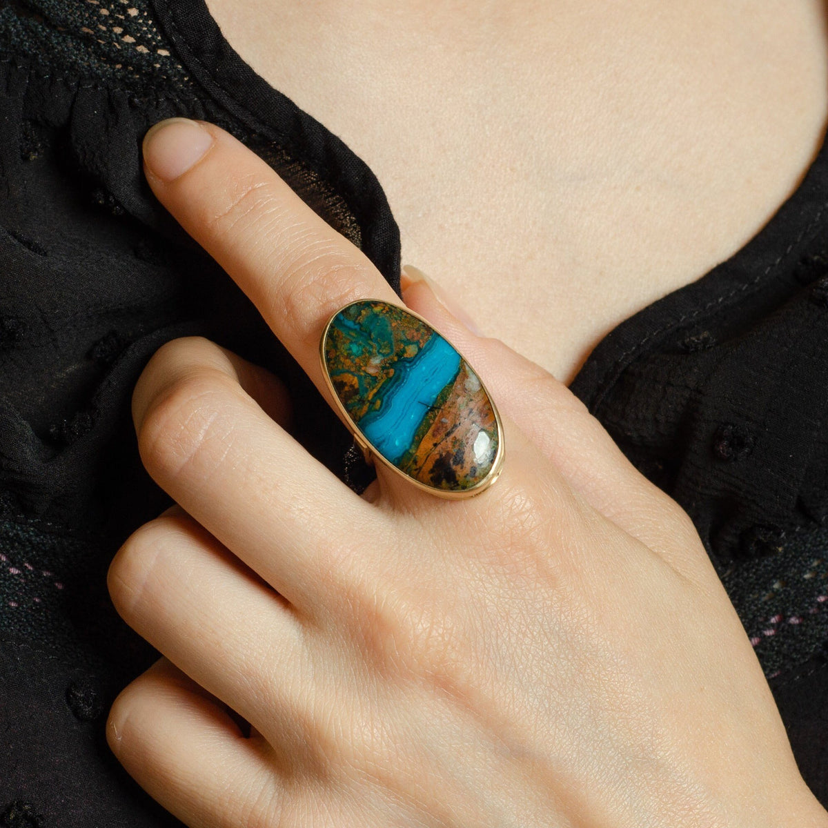 Chrysocolla Statement Ring | 14K Gold Ring - Trademark Antiques