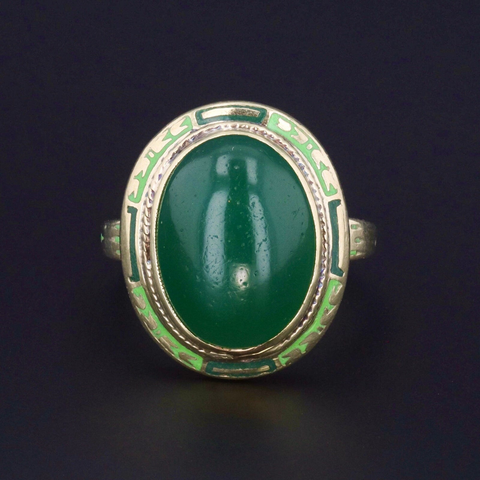 Chrysoprase Ring | 14k Gold Enamel &amp; Chrysoprase Ring - Trademark Antiques