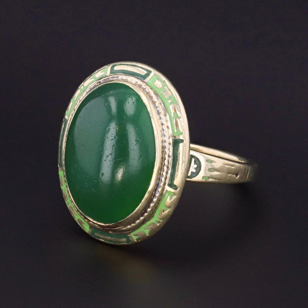 Chrysoprase Ring | 14k Gold Enamel &amp; Chrysoprase Ring - Trademark Antiques