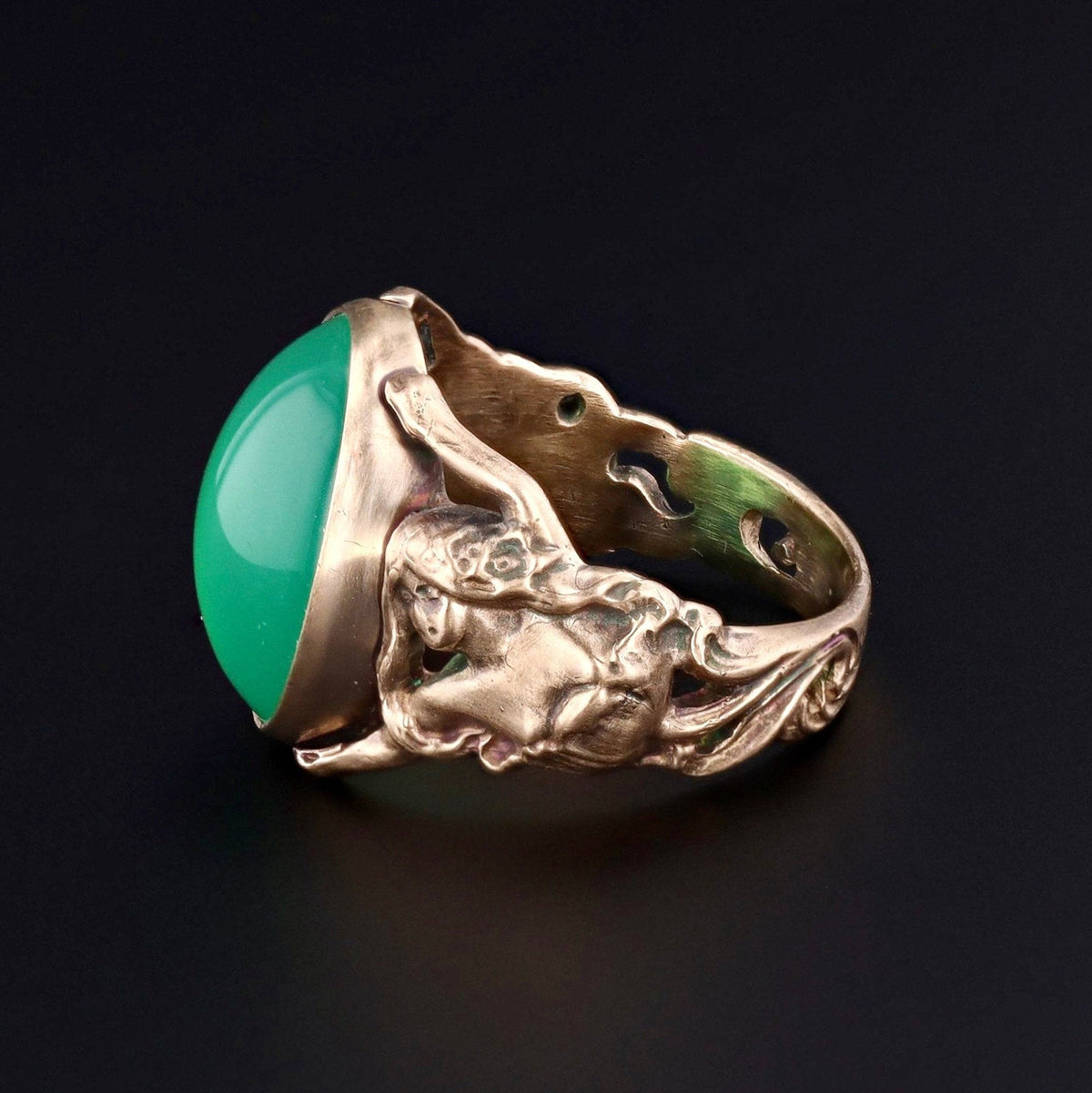 Chrysoprase Ring | 14k Gold Floral Woman Ring - Trademark Antiques