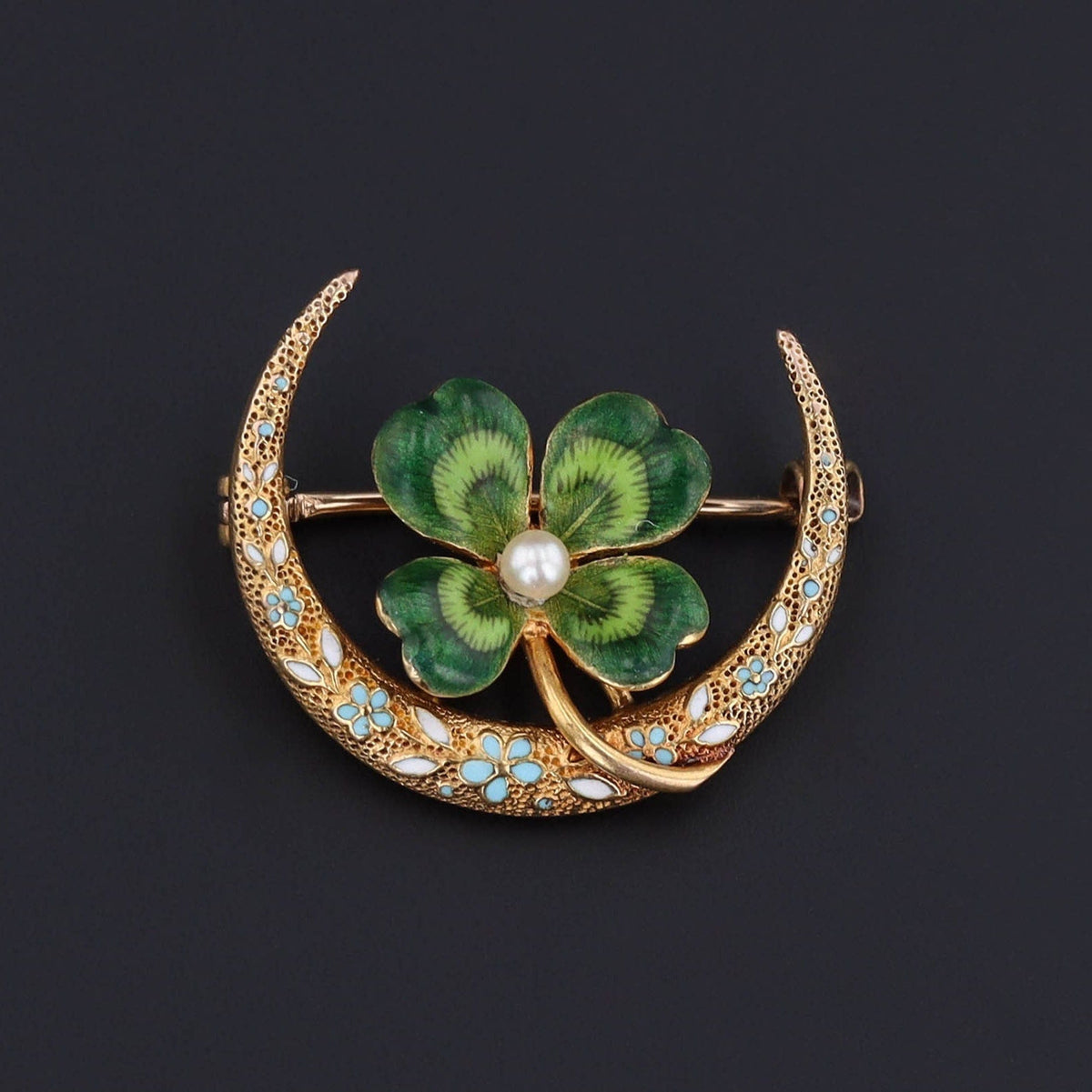 Clover Brooch | 14k Gold &amp; Enamel Clover Pin - Trademark Antiques