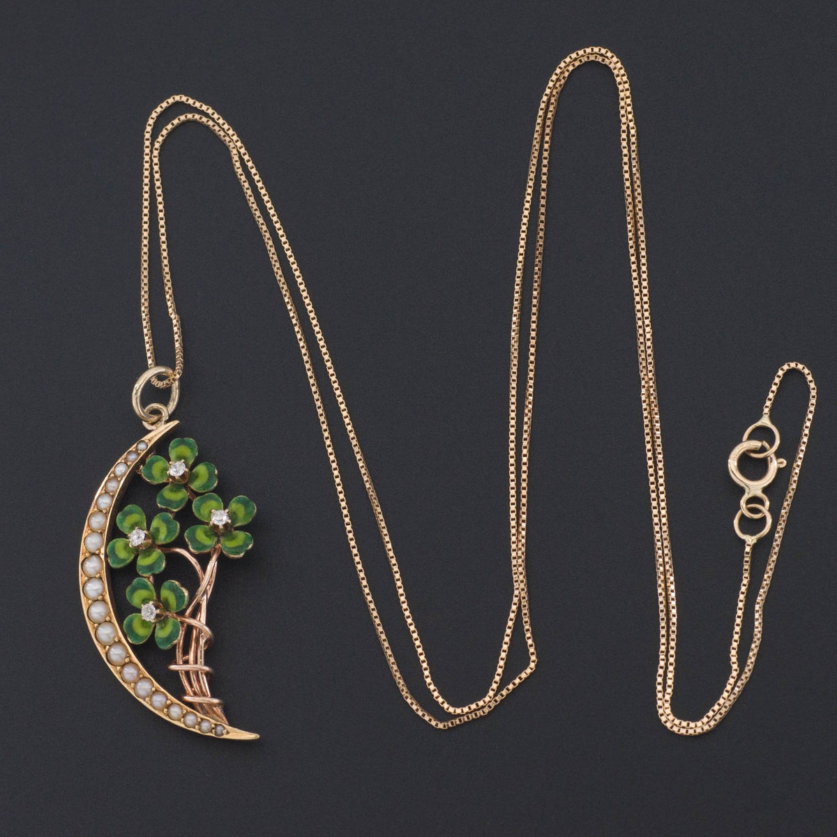 Clover Pendant | 14k Gold Diamond Enamel &amp; Pearl Clover Pendant on Optional 14k Chain - Trademark Antiques