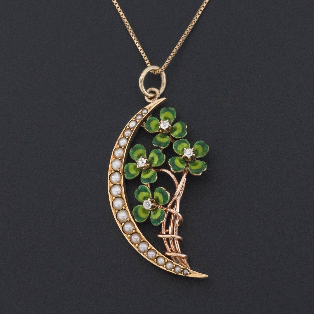 Clover Pendant | 14k Gold Diamond Enamel &amp; Pearl Clover Pendant on Optional 14k Chain - Trademark Antiques