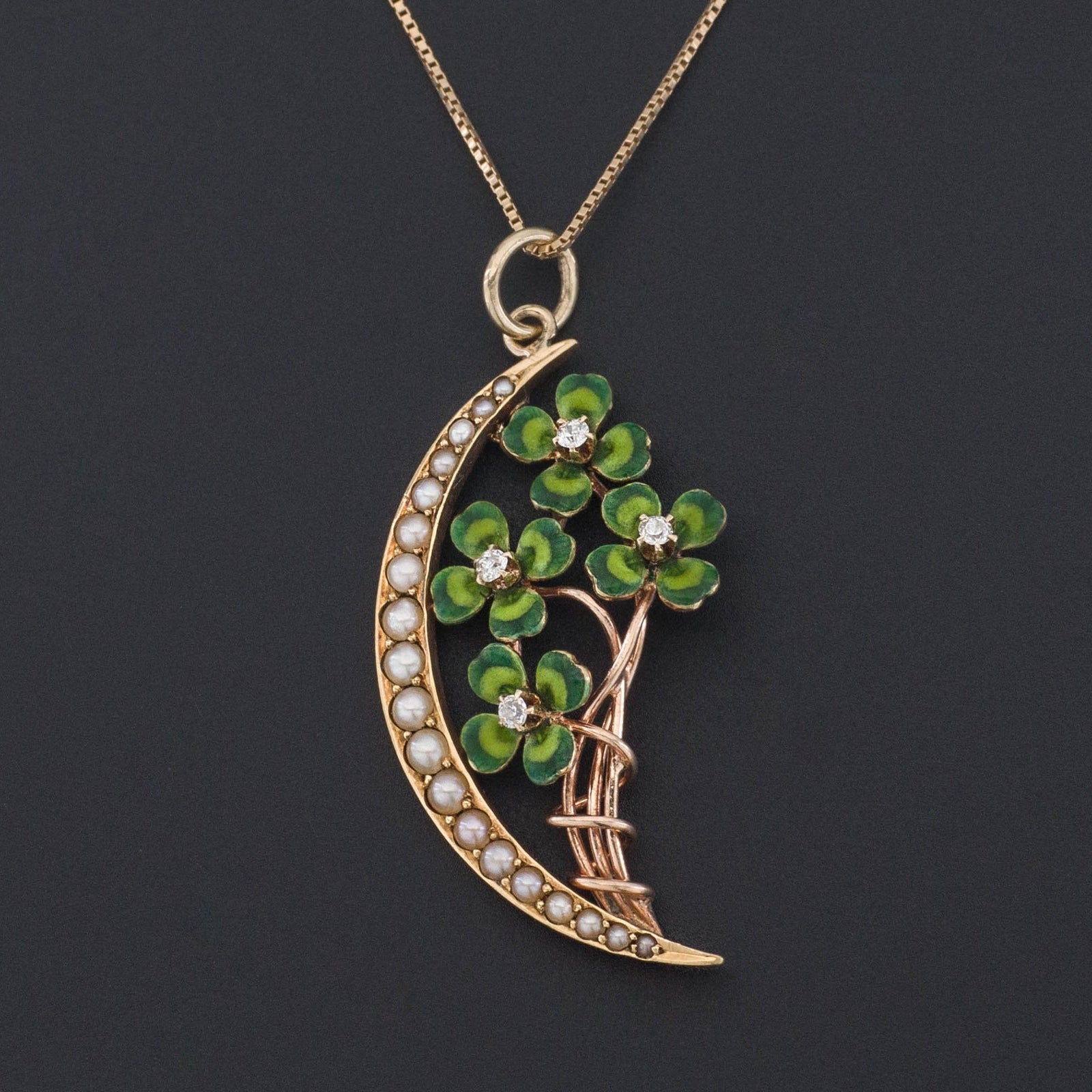 Clover Pendant | 14k Gold Diamond Enamel & Pearl Clover Pendant on Optional 14k Chain - Trademark Antiques