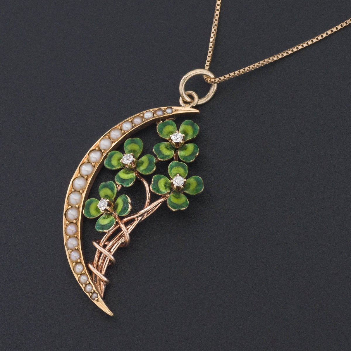 Clover Pendant | 14k Gold Diamond Enamel &amp; Pearl Clover Pendant on Optional 14k Chain - Trademark Antiques