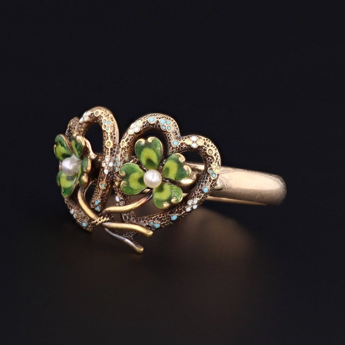 Clover Ring | 14k Gold Enamel Clover Ring - Trademark Antiques