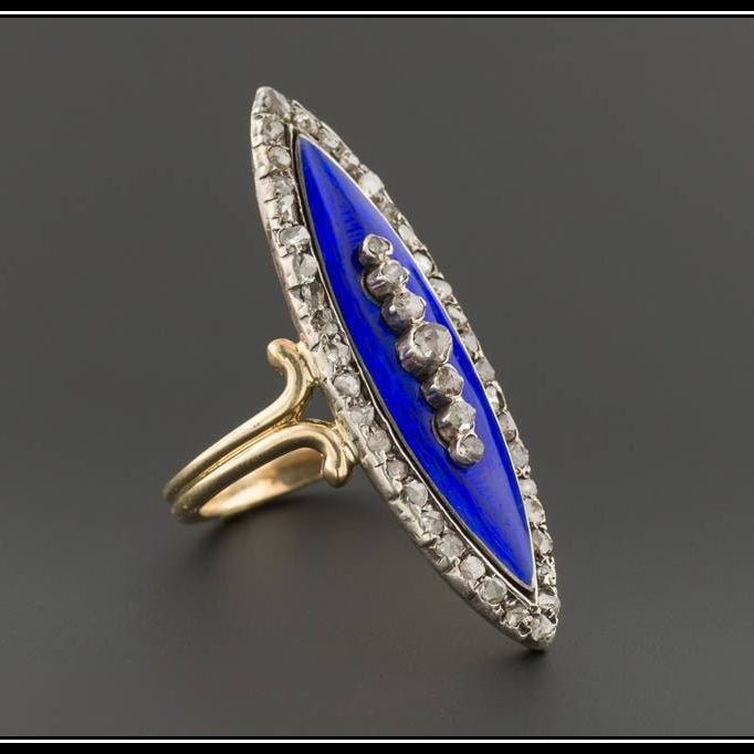 Cobalt Blue Enamel &amp; Diamond Ring | Antique Pin Conversion Ring - Trademark Antiques