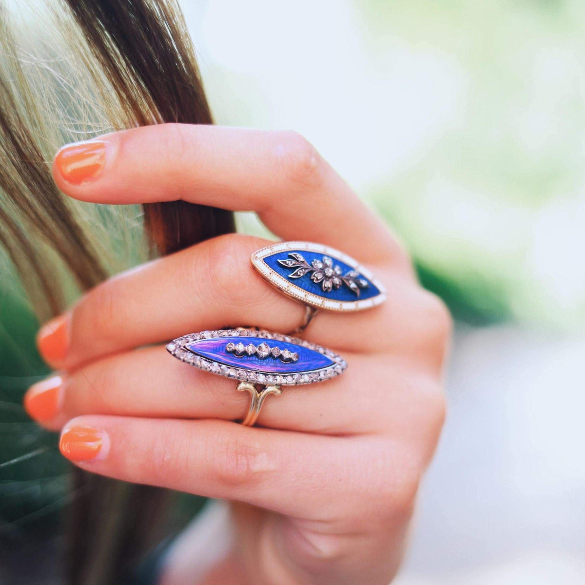 Cobalt Blue Enamel &amp; Diamond Ring | Antique Pin Conversion Ring - Trademark Antiques