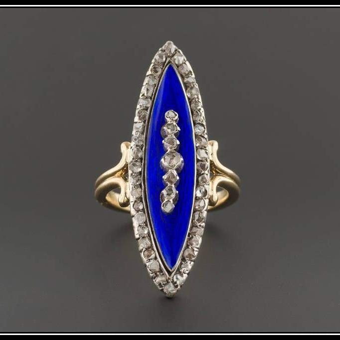Cobalt Blue Enamel &amp; Diamond Ring | Antique Pin Conversion Ring - Trademark Antiques
