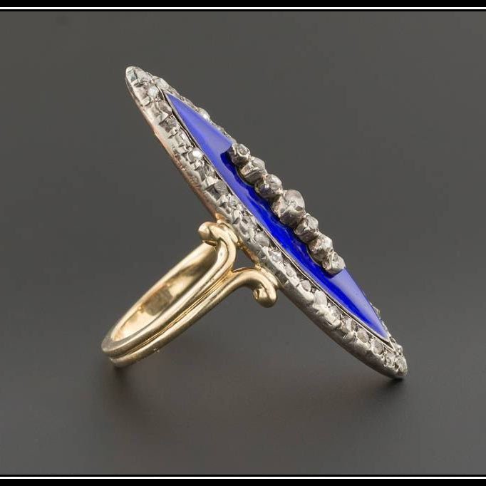Cobalt Blue Enamel &amp; Diamond Ring | Antique Pin Conversion Ring - Trademark Antiques