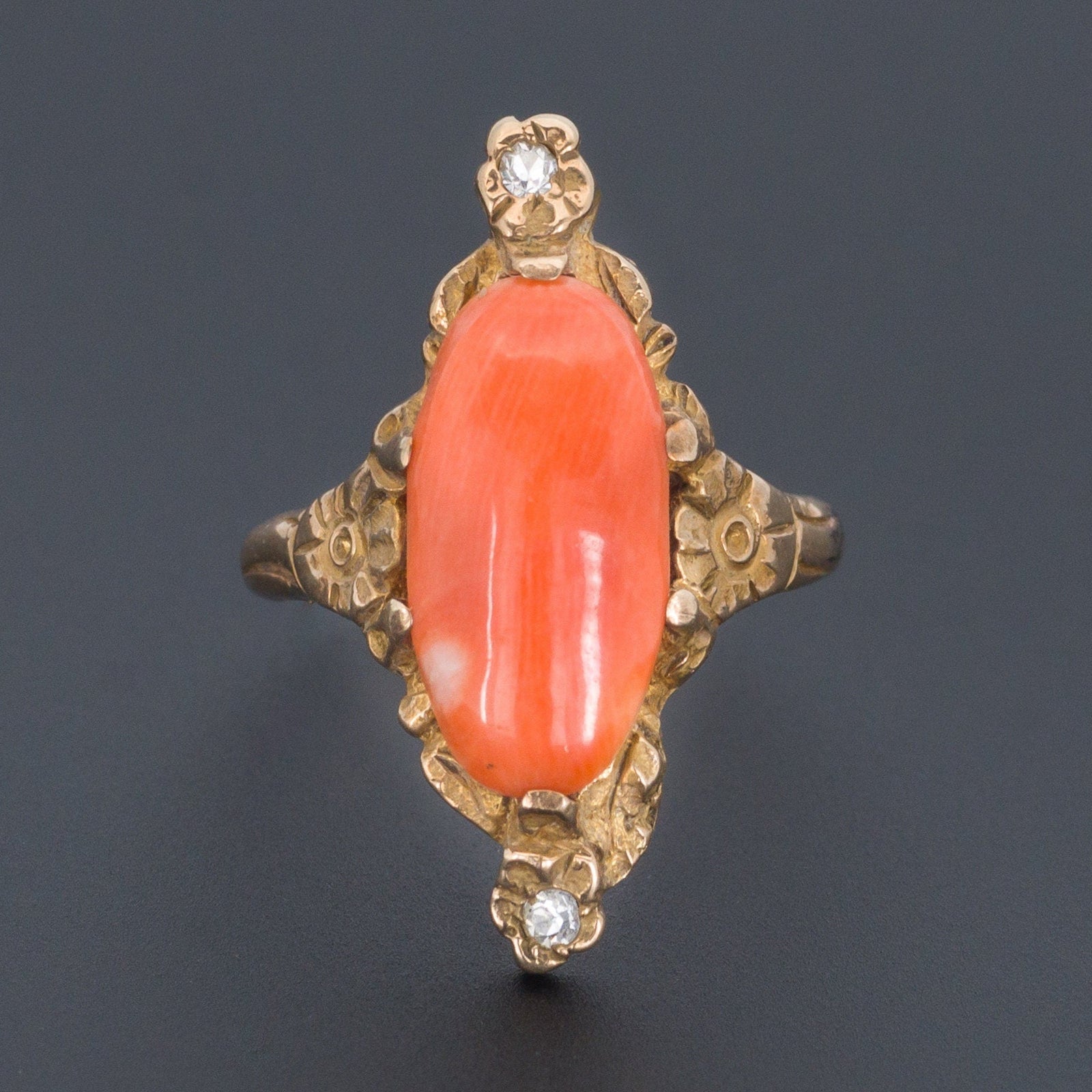 Coral and Diamond Ring | Antique Coral Ring - Trademark Antiques