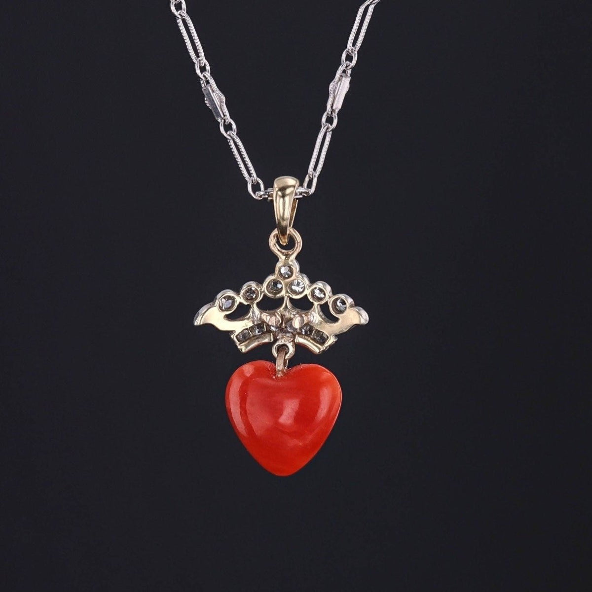 Coral &amp; Diamond Crowned Heart Pendant | Platinum Topped 14k Pendant on Optional 14k Chain - Trademark Antiques